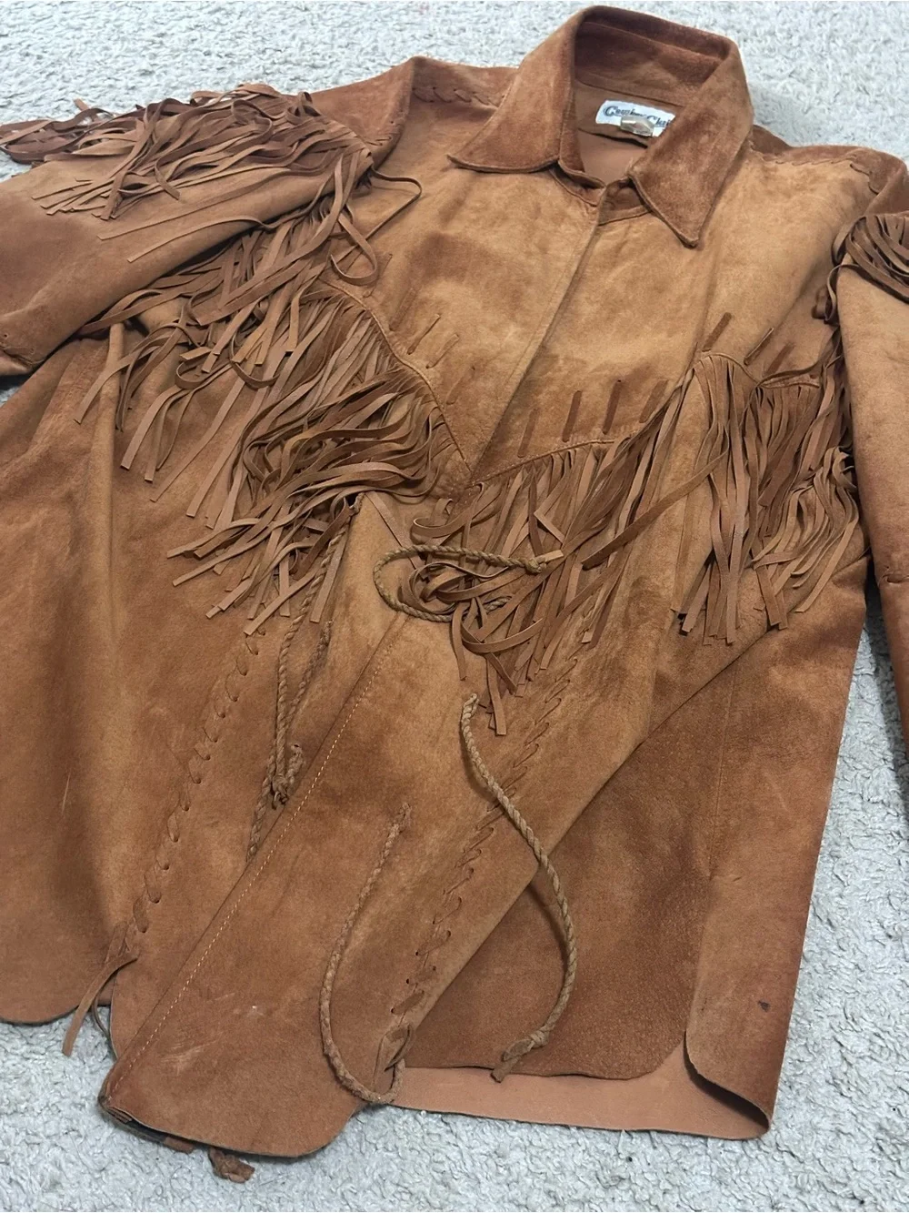 Vintage Cowboy Club brown leather fringe with western boho hippie jacket XXL